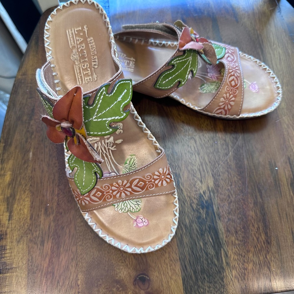 Spring Step L'Artiste Riya Sandals Womens 38 Beige Leather Floral Slide Shoes